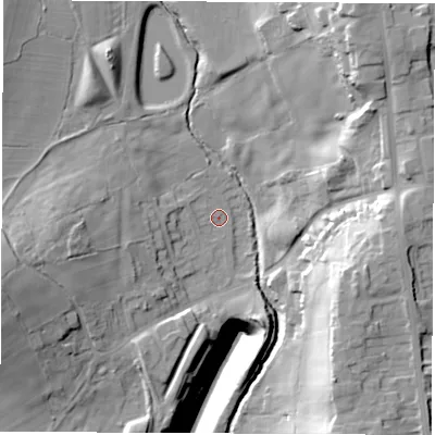 Shaded relief map of the ground around S459EP, computed from Environment Agency LiDAR. The ground here sits at about 123 m above sea level and falls 44 m across the surrounding 800 m. Surface water reaching this point runs off ground lying to the west, 8.4 m higher.
