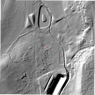 Shaded relief map of the ground around S459ER, computed from Environment Agency LiDAR. The ground here sits at about 124 m above sea level and falls 44 m across the surrounding 800 m. Surface water reaching this point runs off ground lying to the west, 7.5 m higher.