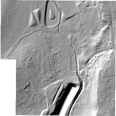Shaded relief map of the ground around S459ES, computed from Environment Agency LiDAR. The ground here sits at about 124 m above sea level and falls 44 m across the surrounding 800 m. Surface water reaching this point runs off ground lying to the west-north-west, 2.8 m higher.