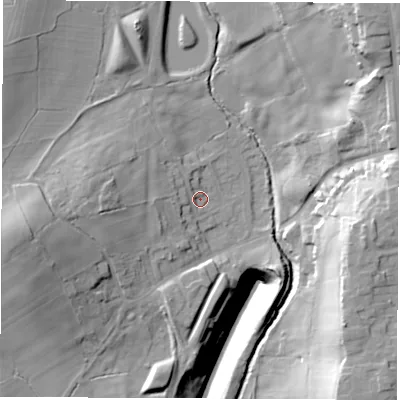Shaded relief map of the ground around S459ET, computed from Environment Agency LiDAR. The ground here sits at about 124 m above sea level and falls 43 m across the surrounding 800 m. Surface water reaching this point runs off ground lying to the west, 10.7 m higher.
