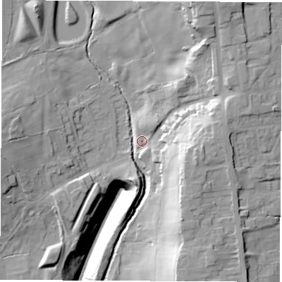 Shaded relief map of the ground around S459EW, computed from Environment Agency LiDAR. The ground here sits at about 125 m above sea level and falls 43 m across the surrounding 800 m. Surface water reaching this point runs off ground lying to the north-north-east, 26.4 m higher.