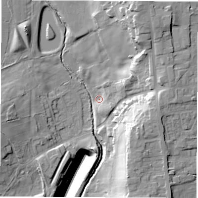 Shaded relief map of the ground around S459GX, computed from Environment Agency LiDAR. The ground here sits at about 123 m above sea level and falls 44 m across the surrounding 800 m. Surface water reaching this point runs off ground lying to the east-north-east, 11.8 m higher.