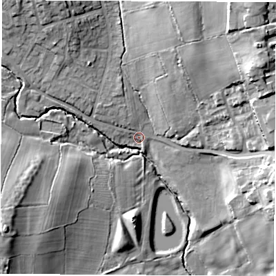 Shaded relief map of the ground around S459PH, computed from Environment Agency LiDAR. The ground here sits at about 129 m above sea level and falls 29 m across the surrounding 800 m. Surface water reaching this point runs off ground lying to the north-west, 6.6 m higher.