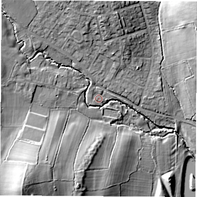 Shaded relief map of the ground around S459QD, computed from Environment Agency LiDAR. The ground here sits at about 132 m above sea level and falls 25 m across the surrounding 800 m. Surface water reaching this point runs off ground lying to the north-west, 1.7 m higher.