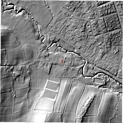 Shaded relief map of the ground around S459QE, computed from Environment Agency LiDAR. The ground here sits at about 136 m above sea level and falls 23 m across the surrounding 800 m. Surface water reaching this point runs off ground lying to the west-north-west, 2.4 m higher.