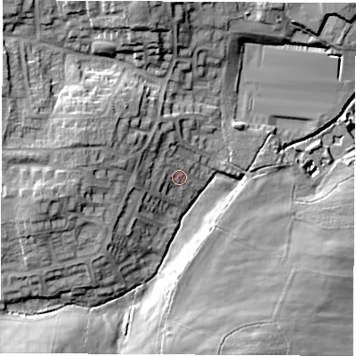 Shaded relief map of the ground around S459SE, computed from Environment Agency LiDAR. The ground here sits at about 117 m above sea level and falls 19 m across the surrounding 800 m. Surface water reaching this point runs off ground lying to the west-north-west, 6.5 m higher.