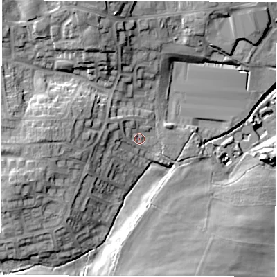 Shaded relief map of the ground around S459SH, computed from Environment Agency LiDAR. The ground here sits at about 115 m above sea level and falls 21 m across the surrounding 800 m. Surface water reaching this point runs off ground lying to the west-north-west, 5.8 m higher.