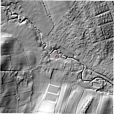Shaded relief map of the ground around S459TW, computed from Environment Agency LiDAR. The ground here sits at about 136 m above sea level and falls 25 m across the surrounding 800 m. Surface water reaching this point runs off ground lying to the west-north-west, 15.9 m higher.