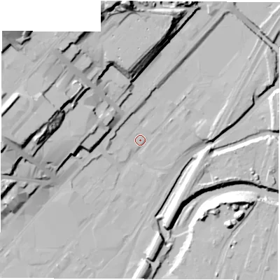 Shaded relief map of the ground around S47QQ, computed from Environment Agency LiDAR. The ground here sits at about 42 m above sea level and falls 44 m across the surrounding 800 m. Surface water reaching this point runs off ground lying to the north-north-east, 4.5 m higher.