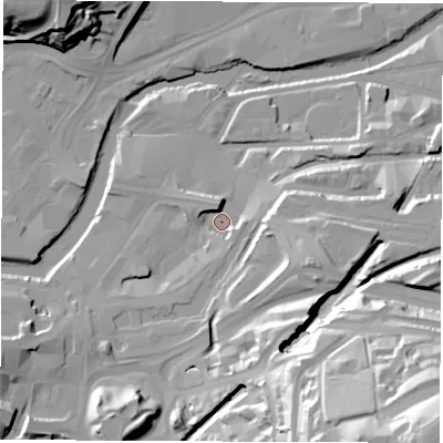 Shaded relief map of the ground around S47SW, computed from Environment Agency LiDAR. The ground here sits at about 47 m above sea level and falls 66 m across the surrounding 800 m. Surface water reaching this point runs off ground lying to the south-south-east, 35.8 m higher.