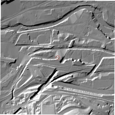 Shaded relief map of the ground around S47TA, computed from Environment Agency LiDAR. The ground here sits at about 57 m above sea level and falls 64 m across the surrounding 800 m. Surface water reaching this point runs off ground lying to the south, 9.7 m higher.
