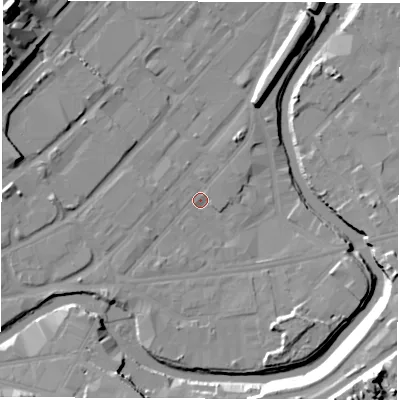 Shaded relief map of the ground around S47TZ, computed from Environment Agency LiDAR. The ground here sits at about 42 m above sea level and falls 26 m across the surrounding 800 m. Surface water reaching this point runs off ground lying to the south-south-east, 1.3 m higher.