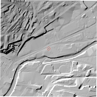 Shaded relief map of the ground around S47UD, computed from Environment Agency LiDAR. The ground here sits at about 45 m above sea level and falls 53 m across the surrounding 800 m. Surface water reaching this point runs off ground lying to the north-west, 49.6 m higher.