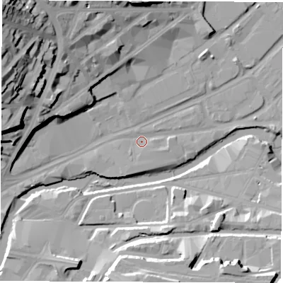 Shaded relief map of the ground around S47UL, computed from Environment Agency LiDAR. The ground here sits at about 44 m above sea level and falls 43 m across the surrounding 800 m. Surface water reaching this point runs off ground lying to the north-west, 39.5 m higher.