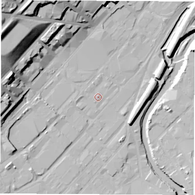 Shaded relief map of the ground around S47UQ, computed from Environment Agency LiDAR. The ground here sits at about 43 m above sea level and falls 44 m across the surrounding 800 m. Surface water reaching this point runs off ground lying to the south-south-west, 1.0 m higher.