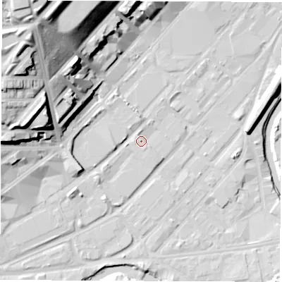Shaded relief map of the ground around S47UR, computed from Environment Agency LiDAR. The ground here sits at about 44 m above sea level and falls 44 m across the surrounding 800 m. Surface water reaching this point runs off ground lying to the west, 1.7 m higher.