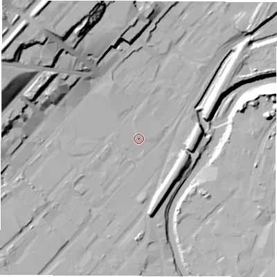 Shaded relief map of the ground around S47UT, computed from Environment Agency LiDAR. The ground here sits at about 43 m above sea level and falls 39 m across the surrounding 800 m. The ground contributing surface water to this point lies to the west-north-west.