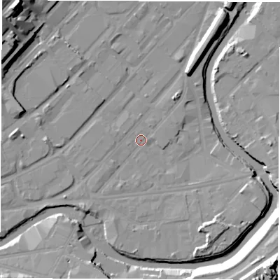 Shaded relief map of the ground around S47UU, computed from Environment Agency LiDAR. The ground here sits at about 43 m above sea level and falls 26 m across the surrounding 800 m. Surface water reaching this point runs off ground lying to the west-south-west, 0.8 m higher.