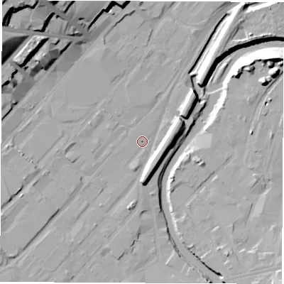 Shaded relief map of the ground around S47WA, computed from Environment Agency LiDAR. The ground here sits at about 42 m above sea level and falls 38 m across the surrounding 800 m. Surface water reaching this point runs off ground lying to the south-south-west, 1.8 m higher.