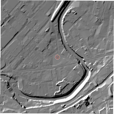 Shaded relief map of the ground around S47WB, computed from Environment Agency LiDAR. The ground here sits at about 41 m above sea level and falls 25 m across the surrounding 800 m. Surface water reaching this point runs off ground lying to the south, 5.9 m higher.