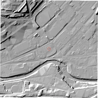 Shaded relief map of the ground around S47WG, computed from Environment Agency LiDAR. The ground here sits at about 44 m above sea level and falls 31 m across the surrounding 800 m. The ground contributing surface water to this point lies to the south-south-west.