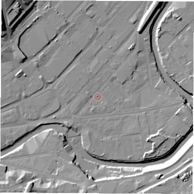 Shaded relief map of the ground around S47WN, computed from Environment Agency LiDAR. The ground here sits at about 43 m above sea level and falls 25 m across the surrounding 800 m. Surface water reaching this point runs off ground lying to the south-west, 2.5 m higher.