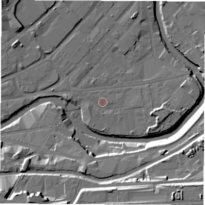 Shaded relief map of the ground around S47WT, computed from Environment Agency LiDAR. The ground here sits at about 43 m above sea level and falls 28 m across the surrounding 800 m. Surface water reaching this point runs off ground lying to the west-south-west, 1.5 m higher.