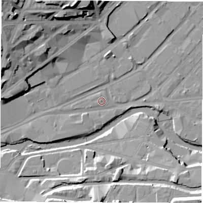 Shaded relief map of the ground around S47WW, computed from Environment Agency LiDAR. The ground here sits at about 44 m above sea level and falls 28 m across the surrounding 800 m. The ground contributing surface water to this point lies to the west.