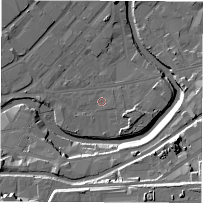 Shaded relief map of the ground around S47WZ, computed from Environment Agency LiDAR. The ground here sits at about 43 m above sea level and falls 30 m across the surrounding 800 m. Surface water reaching this point runs off ground lying to the east-south-east, 1.2 m higher.