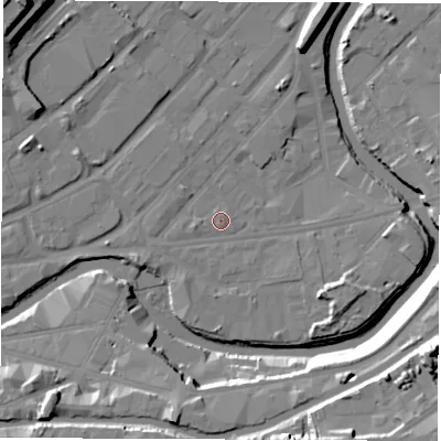 Shaded relief map of the ground around S47XF, computed from Environment Agency LiDAR. The ground here sits at about 43 m above sea level and falls 22 m across the surrounding 800 m. Surface water reaching this point runs off ground lying to the west, 0.8 m higher.