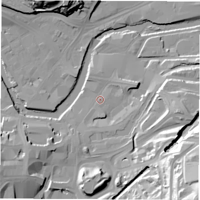 Shaded relief map of the ground around S47YA, computed from Environment Agency LiDAR. The ground here sits at about 48 m above sea level and falls 63 m across the surrounding 800 m. Surface water reaching this point runs off ground lying to the south-south-west, 3.9 m higher.