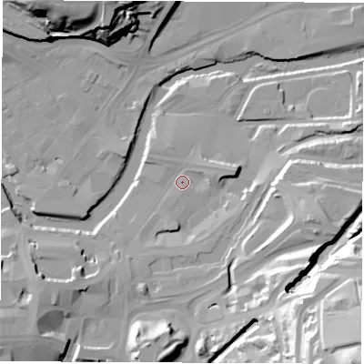 Shaded relief map of the ground around S47YB, computed from Environment Agency LiDAR. The ground here sits at about 48 m above sea level and falls 63 m across the surrounding 800 m. Surface water reaching this point runs off ground lying to the south-south-west, 3.9 m higher.