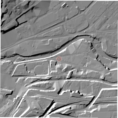 Shaded relief map of the ground around S47YP, computed from Environment Agency LiDAR. The ground here sits at about 45 m above sea level and falls 30 m across the surrounding 800 m. Surface water reaching this point runs off ground lying to the east-south-east, 9.6 m higher.