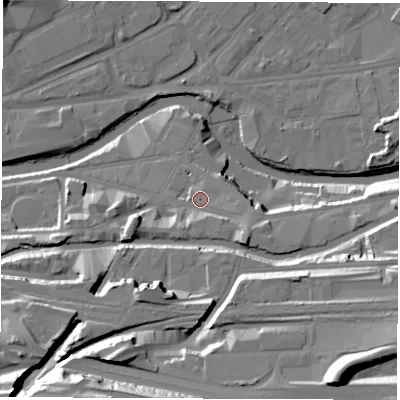 Shaded relief map of the ground around S47YS, computed from Environment Agency LiDAR. The ground here sits at about 48 m above sea level and falls 38 m across the surrounding 800 m. Surface water reaching this point runs off ground lying to the south-east, 6.5 m higher.