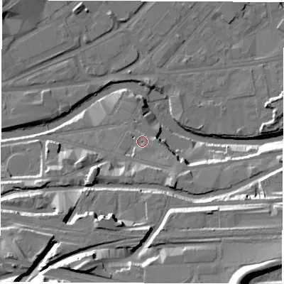 Shaded relief map of the ground around S47YU, computed from Environment Agency LiDAR. The ground here sits at about 47 m above sea level and falls 35 m across the surrounding 800 m. Surface water reaching this point runs off ground lying to the south-east, 5.3 m higher.