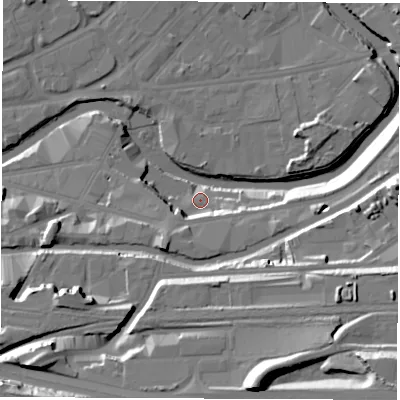 Shaded relief map of the ground around S47YW, computed from Environment Agency LiDAR. The ground here sits at about 43 m above sea level and falls 38 m across the surrounding 800 m. Surface water reaching this point runs off ground lying to the south-south-east, 8.9 m higher.
