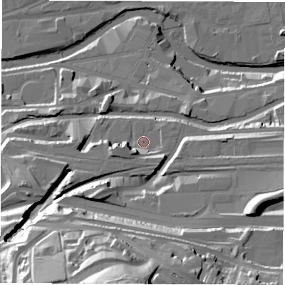 Shaded relief map of the ground around S47YX, computed from Environment Agency LiDAR. The ground here sits at about 54 m above sea level and falls 66 m across the surrounding 800 m. Surface water reaching this point runs off ground lying to the south-south-west, 8.4 m higher.
