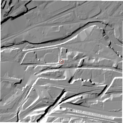 Shaded relief map of the ground around S47YY, computed from Environment Agency LiDAR. The ground here sits at about 51 m above sea level and falls 45 m across the surrounding 800 m. Surface water reaching this point runs off ground lying to the south-south-west, 4.9 m higher.