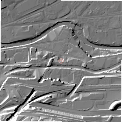 Shaded relief map of the ground around S47ZE, computed from Environment Agency LiDAR. The ground here sits at about 49 m above sea level and falls 45 m across the surrounding 800 m. Surface water reaching this point runs off ground lying to the west-south-west, 5.2 m higher.