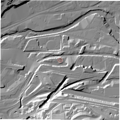 Shaded relief map of the ground around S47ZG, computed from Environment Agency LiDAR. The ground here sits at about 54 m above sea level and falls 56 m across the surrounding 800 m. Surface water reaching this point runs off ground lying to the south-south-east, 1.7 m higher.