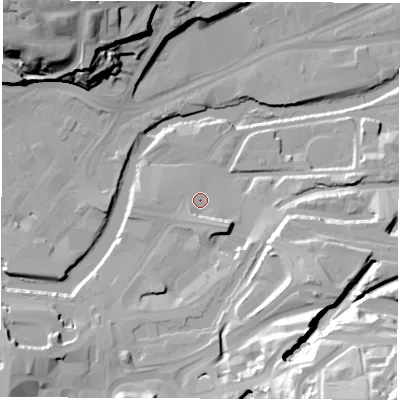 Shaded relief map of the ground around S47ZN, computed from Environment Agency LiDAR. The ground here sits at about 46 m above sea level and falls 52 m across the surrounding 800 m. Surface water reaching this point runs off ground lying to the south-east, 6.0 m higher.