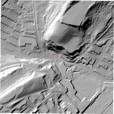 Shaded relief map of the ground around S48AH, computed from Environment Agency LiDAR. The ground here sits at about 44 m above sea level and falls 78 m across the surrounding 800 m. Surface water reaching this point runs off ground lying to the north-north-east, 74.2 m higher.