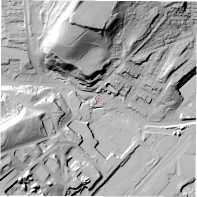 Shaded relief map of the ground around S48AJ, computed from Environment Agency LiDAR. The ground here sits at about 44 m above sea level and falls 73 m across the surrounding 800 m. Surface water reaching this point runs off ground lying to the north, 66.4 m higher.