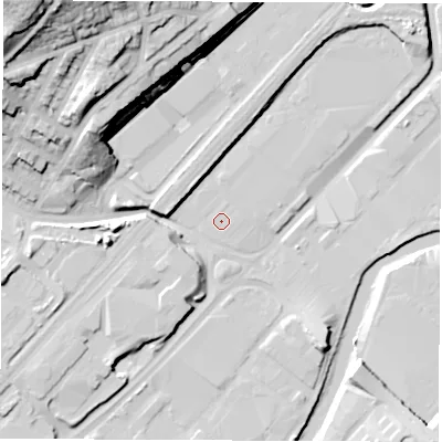 Shaded relief map of the ground around S48AL, computed from Environment Agency LiDAR. The ground here sits at about 36 m above sea level and falls 48 m across the surrounding 800 m. Surface water reaching this point runs off ground lying to the west-north-west, 4.7 m higher.