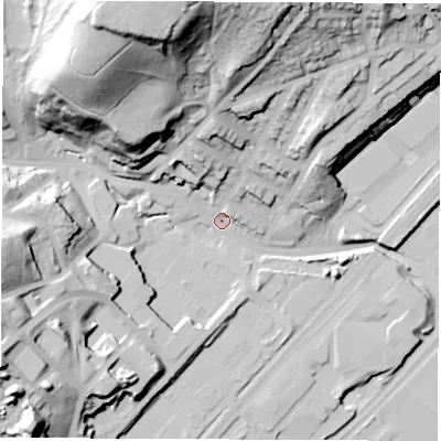 Shaded relief map of the ground around S48AN, computed from Environment Agency LiDAR. The ground here sits at about 42 m above sea level and falls 69 m across the surrounding 800 m. Surface water reaching this point runs off ground lying to the north-north-west, 62.1 m higher.