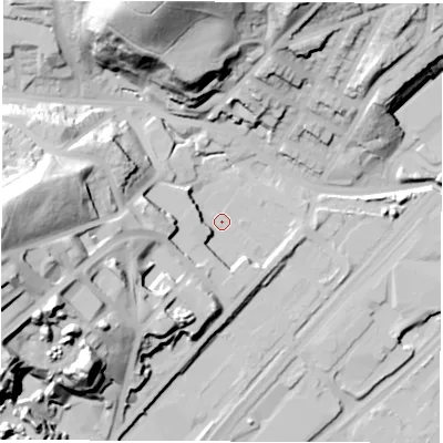 Shaded relief map of the ground around S48DA, computed from Environment Agency LiDAR. The ground here sits at about 42 m above sea level and falls 58 m across the surrounding 800 m. Surface water reaching this point runs off ground lying to the west, 19.4 m higher.