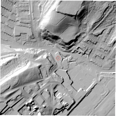 Shaded relief map of the ground around S48EY, computed from Environment Agency LiDAR. The ground here sits at about 45 m above sea level and falls 67 m across the surrounding 800 m. Surface water reaching this point runs off ground lying to the south-west, 13.7 m higher.