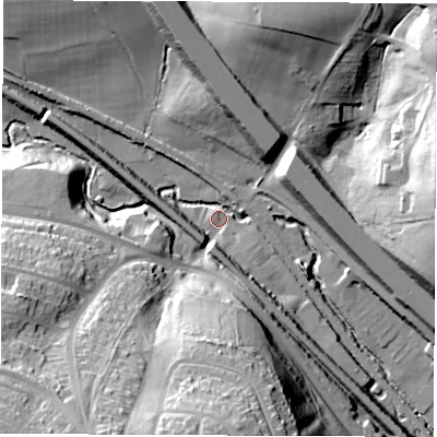 Shaded relief map of the ground around S50DP, computed from Environment Agency LiDAR. The ground here sits at about 47 m above sea level and falls 50 m across the surrounding 800 m. Surface water reaching this point runs off ground lying to the south-south-west, 45.6 m higher.