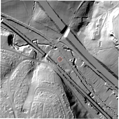Shaded relief map of the ground around S50DQ, computed from Environment Agency LiDAR. The ground here sits at about 48 m above sea level and falls 54 m across the surrounding 800 m. Surface water reaching this point runs off ground lying to the south-west, 5.2 m higher.