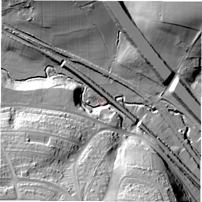 Shaded relief map of the ground around S50DU, computed from Environment Agency LiDAR. The ground here sits at about 47 m above sea level and falls 48 m across the surrounding 800 m. Surface water reaching this point runs off ground lying to the south-west, 14.0 m higher.